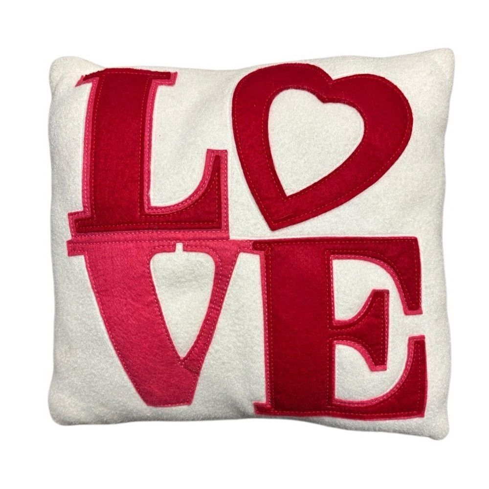 White LOVE Accent Pillow Red Pink Felt Letters 12x12 Valentine Decor